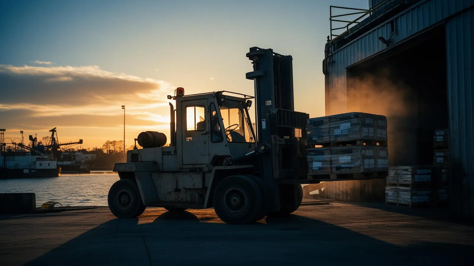 Heavy-duty forklift loading pallets on an industrial dock at dawn in South Louisiana