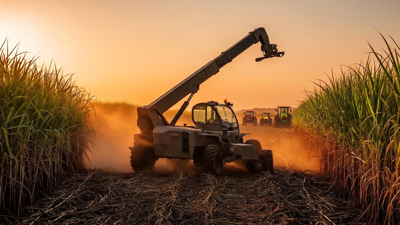 Telehandler working in a Louisiana sugarcane field at golden hour